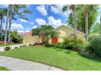 Charming single-story home featuring a lush green lawn, bright orange front door, and mature tropical landscaping at 14119 Stonegate Dr, Tampa, FL 33624