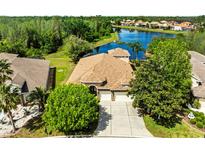 Stunning aerial view of a home with lush landscaping and lakefront access at 11534 Biddeford Pl, New Port Richey, FL 34654