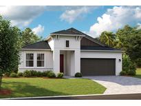 Beautiful single-story home with a modern design, dark roof, a two car garage, and a well-manicured lawn at 12158 Cattleside Dr, Riverview, FL 33579