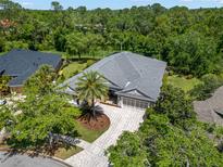 Stunning aerial view of a home with a gray roof, brick driveway, and lush green trees surrounding the property at 14817 Tudor Chase Dr, Tampa, FL 33626