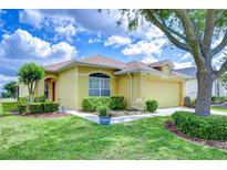 Charming yellow home featuring a well-manicured lawn and a two-car garage, nestled under a bright, partly cloudy sky at 2816 Graphite Ct, Valrico, FL 33594