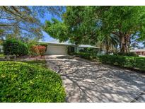 Well-maintained single-story home with an expansive driveway framed by verdant landscaping at 838 Park Ct, Palm Harbor, FL 34683