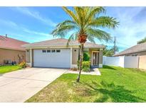 Charming single-story home with a well-manicured lawn and a beautiful palm tree in the front yard at 1666 Meadow Oak Ln, Tarpon Springs, FL 34689