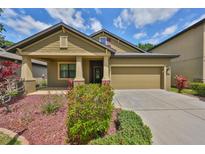 Charming single-Gathering home featuring a covered front porch, 2-car garage, and beautiful landscaping with plants at 838 Vino Verde Cir, Brandon, FL 33511