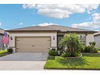 Charming single-story home with a well-manicured lawn, two-car garage, and beautiful landscaping at 6374 Bradford Woods Dr, Zephyrhills, FL 33542