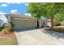 Charming home featuring a two-car garage, neutral color scheme, and front yard landscaping at 7705 Dragon Fly Loop, Gibsonton, FL 33534