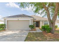 Charming single-story home with a two-car garage, a well-maintained lawn and a mature shade tree at 7939 Merchantville Cir, Zephyrhills, FL 33540