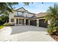 Two story home with a large driveway, three-car garage, and manicured landscaping at 20403 Walnut Grove Ln, Tampa, FL 33647