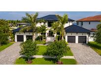 Beautiful two-story home with a black metal roof, white stucco, three-car garage and mature palm tree landscaping at 389 Bayview Ne Dr, St Petersburg, FL 33704