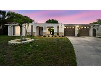 Inviting home exterior featuring a manicured lawn and unique architectural details at 4240 Woodsville Dr, New Port Richey, FL 34652