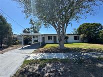 Charming home featuring a well-maintained lawn, covered parking, and mature trees for shade at 5812 Liverpool Dr, Tampa, FL 33615