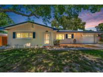 Charming one-story home featuring a well-manicured lawn and a bright exterior with blue shutters and trim at 1622 Elizabeth Ln, Clearwater, FL 33755