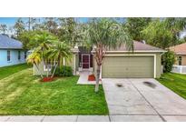 Charming single-Gathering home featuring a well-maintained lawn and mature palm trees accenting the property's curb appeal at 5526 Braddock Dr, Zephyrhills, FL 33541