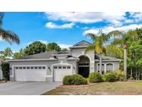 Charming single-story home features a well-manicured lawn, three-car garage, and arched entryway at 8202 Pinewood Run Ct, Tampa, FL 33647