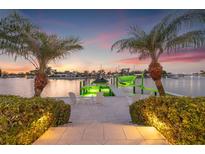 Stunning waterfront property featuring a private dock, boat lift, and picturesque sunset views framed by palm trees at 935 Eden Isle Ne Dr, St Petersburg, FL 33704