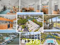 Real estate listing collage with living room, kitchen and exterior views at 11510 Shipwatch Dr # 1375, Largo, FL 33774