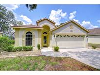 Inviting one-story home with a well-maintained lawn, a two-car garage, and a charming arched entryway at 16501 Sandhill Crane Dr, Spring Hill, FL 34610