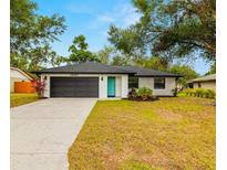 Charming single-story home featuring a teal front door and a well-maintained front lawn at 1047 Deer Hollow Way, Sarasota, FL 34232