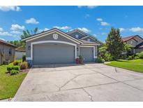 Charming gray home featuring a spacious three-car garage and well-maintained landscaping at 19750 Ellendale Dr, Land O Lakes, FL 34638