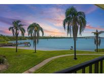 Beautiful water view with palm trees and a dock at sunset at 6361 Bahia Del Mar Blvd # 205, St Petersburg, FL 33715