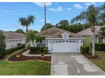 Charming single-story home featuring a well-manicured lawn, mature landscaping, and a two-car garage at 3009 Banyan Hill Ln, Land O Lakes, FL 34639
