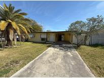 Charming single-story home featuring a well-kept lawn and a sunny, open front yard with a large palm tree at 7365 Royal Palm Dr, New Port Richey, FL 34652