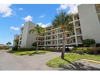 Condo exterior showcases multi-level balconies, landscaped grounds with green lawns, palm trees, and ample parking at 8141 Aquila St # 342, Port Richey, FL 34668