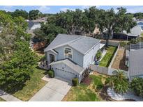Aerial view of a blue two-story home with a well-maintained yard and a gray roof at 1830 Citrus Orchard Way, Valrico, FL 33594