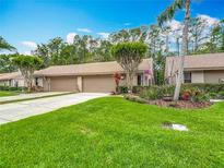 Charming home exterior featuring a well-manicured lawn and two-car garage at 3182 Windmoor N Dr, Palm Harbor, FL 34685