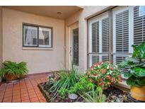 Charming home entrance featuring a decorative glass door and lush landscaping at 4230 Hartwood Ln, Tampa, FL 33618