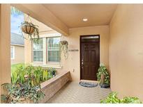 Inviting front porch with lush landscaping and hanging plants, leading to a classic dark wood front door at 11818 Valhalla Woods Dr, Riverview, FL 33579
