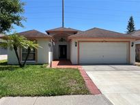 Charming single-story home with a well-manicured lawn and attached two-car garage at 8908 Southbay Dr, Tampa, FL 33615