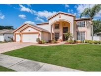 Spacious two-story home featuring a manicured lawn, attached three-car garage, and welcoming front entrance at 10003 Vista Pointe Dr, Tampa, FL 33635