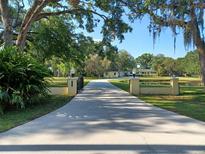 Long, paved driveway leading to a charming yellow home, framed by lush greenery and a secure gated entrance at 3321 Meander Ln, Safety Harbor, FL 34695