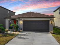Charming one-story home featuring a two-car garage, manicured lawn, and welcoming front entrance at 10229 Bright Crystal Ave, Riverview, FL 33578