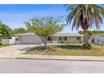Charming single-story home featuring a well-maintained lawn and a red front door at 3654 Warbler Dr, New Port Richey, FL 34652
