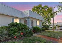 Charming home featuring a metal roof, blue shutters, and colorful landscaping at 4235 Tamargo Dr # 4235, New Port Richey, FL 34652