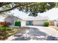 Charming single-story home featuring a well-maintained yard and a bright blue front door at 10035 82Nd St, Seminole, FL 33777