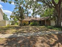 Charming single-story home with stone accents, a lush yard, and mature trees offering shade at 1425 Corner Oaks Dr, Brandon, FL 33510