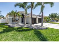 Charming single-story home featuring a well-manicured lawn, palm trees and a three car garage at 511 York Dale Dr, Ruskin, FL 33570