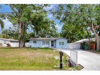 Charming light blue home with a well-maintained lawn, a new driveway, and mature trees at 6703 N Boulevard, Tampa, FL 33604