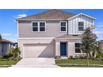 Two-story home featuring a blue door, two car garage, light grey lap siding and manicured front lawn at 13034 Wellspring Dr, Lithia, FL 33547