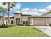 Beautifully landscaped single-Gathering home with palm trees and a two-car garage at 14227 Alistar Manor Dr, Wimauma, FL 33598