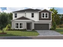 Charming two-story home featuring a two-car garage, landscaped yard, and modern architectural details at 37061 Sagemoor Dr, Zephyrhills, FL 33541