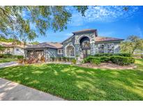 Charming home with a well-manicured lawn, mature trees, and elegant architectural details at 5212 Twin Creeks Dr, Valrico, FL 33596