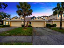 Townhouse exterior features a large driveway, well-maintained landscaping, and a welcoming facade at 20305 Oak Key Ct, Tampa, FL 33647