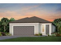 Charming single-story home showcasing a neutral color palette, gray roof, and a well-manicured lawn with tropical landscaping at 9408 Coastline Way, Parrish, FL 34219