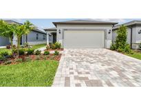 Charming single-Gathering home featuring a neatly landscaped front yard and a paved driveway leading to a two-car garage at 9530 Coastline Way, Parrish, FL 34219