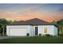 Charming one-story home featuring a two-car garage, lush landscaping, and a well-manicured lawn at 11448 Shoreline Trl, Parrish, FL 34219