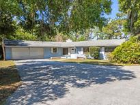 Charming single-story home featuring a blue exterior, mature trees, and an expansive driveway at 18906 Crescent Rd, Odessa, FL 33556